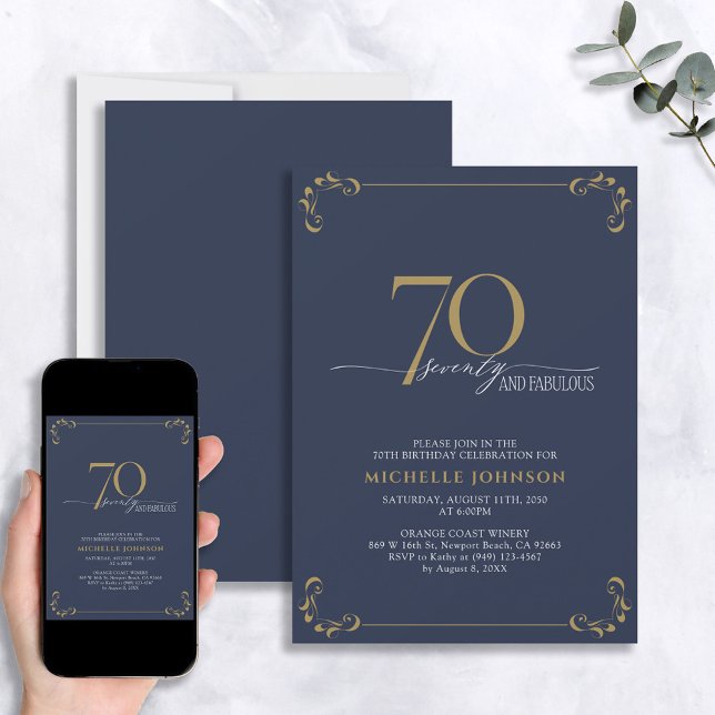 Invitación 70 y fabulosa caligrafía azul y oro Cumpleaños (Subido por el creador)