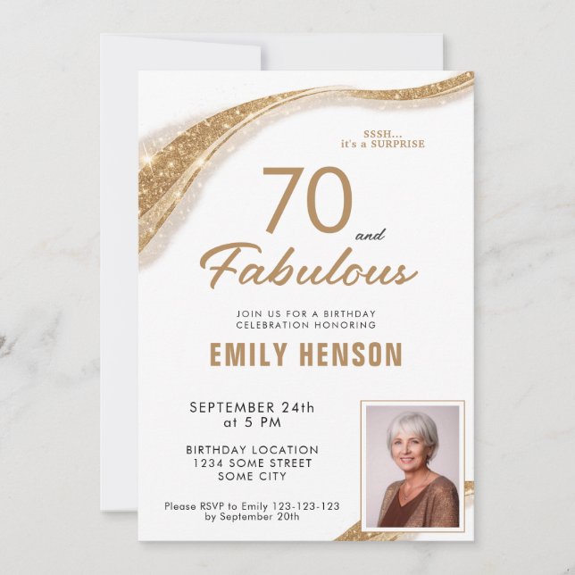 Invitación 70 y Fabuloso Brillo Dorado Cumpleaños 70 (Anverso)