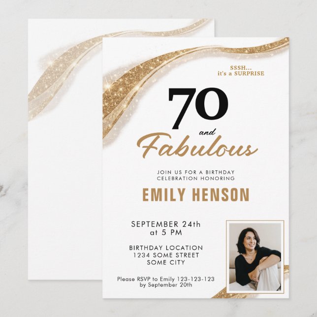 Invitación 70 y Fabuloso Cumpleaños 70 Dorado (Anverso / Reverso)