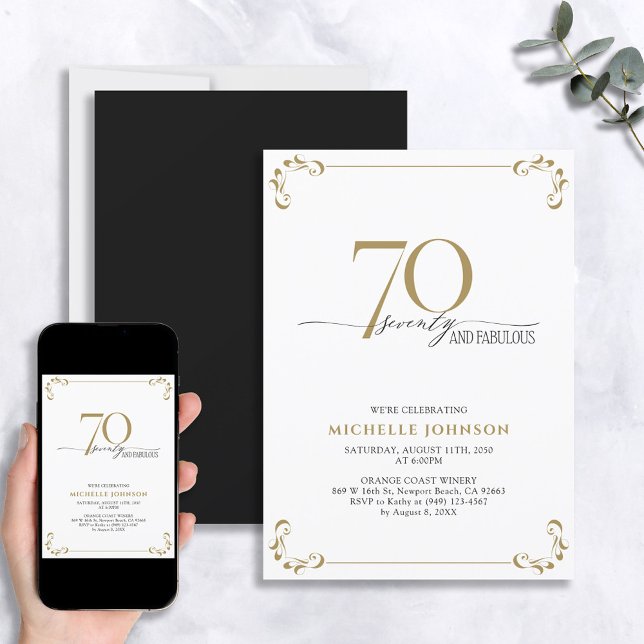 Invitación 70 y fabuloso cumpleaños blanco y dorado negro (Subido por el creador)
