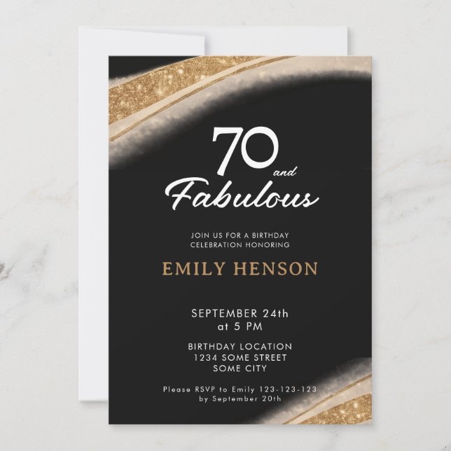 Invitación 70 y Fabuloso Cumpleaños de Oro Negro (Anverso)