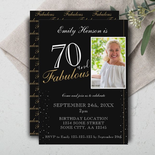 Invitación 70 y fabuloso elegante foto negro cumpleaños (Subido por el creador)