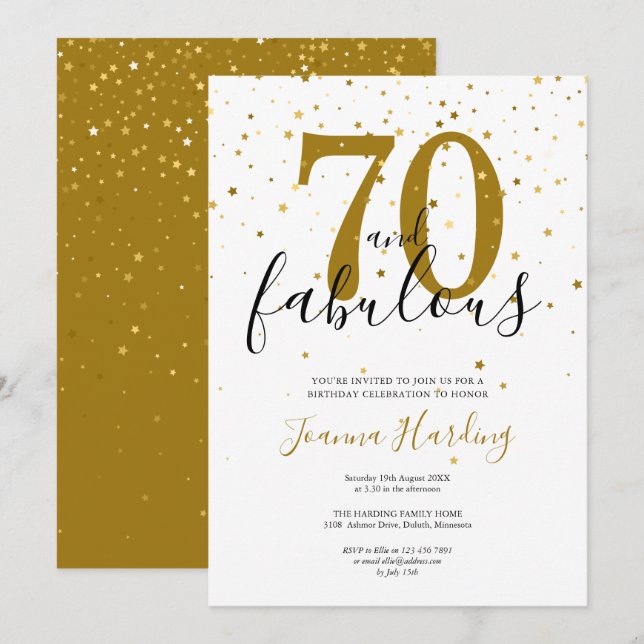 Invitación 70 y fabuloso elegante oro y cumpleaños negro (Anverso / Reverso)