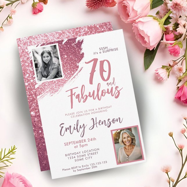 Invitación 70 y fabuloso Purpurina rosado 2 Foto 70 cumpleaño (Subido por el creador)