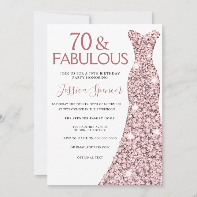 Invitación 70 y fabuloso Rosa vestido de oro 70 cumpleaños (Anverso)