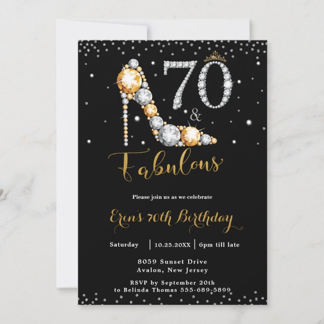 Invitación 70 y fabulosos diamantes de alto talón 70 cumpleañ (Anverso)