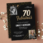 Invitación 70 y Fabulous Gold Purpurina 2 Photo 70th Birthday<br><div class="desc">70 y Fabulous Gold Purpurina 2 Photo 70th Birthday Surprise Party Invitación. Moderna y elegante invitación de cumpleaños negra y falsa purpurina de oro para ella. Añade tus fotos - puedes usar una foto antigua y una nueva. Puede cambiar todo el texto.</div>