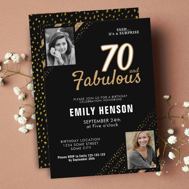 Invitación 70 y Fabulous Gold Purpurina 2 Photo 70th Birthday (Subido por el creador)