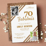 Invitación 70 y Fabulous Gold Purpurina 2 Photo 70th Birthday<br><div class="desc">70 y Fabulous Gold Purpurina 2 Photo 70th Birthday Surprise Party Invitación. Moderna y elegante invitación de cumpleaños de purpurina de oro para ella. Añade tus fotos - puedes usar una foto antigua y una nueva. Puede cambiar todo el texto.</div>