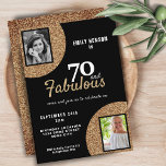 Invitación 70 y Fabulous Gold Purpurina 2 Photo 70th Birthday<br><div class="desc">70 y Fabulous Gold Purpurina 2 Foto 70th Birthday Invitation. Moderna y elegante invitación de cumpleaños negra y falsa purpurina de oro para ella. Añade tus fotos - puedes usar una foto antigua y una nueva.</div>