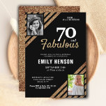 Invitación 70 y Fabulous Gold Purpurina 2 Photo 70th Birthday<br><div class="desc">70 y Fabulous Gold Purpurina 2 Photo 70th Birthday Surprise Party Invitación. Moderna y elegante invitación de cumpleaños negra y falsa purpurina de oro para ella. Añade tus fotos - puedes usar una foto antigua y una nueva. Puede cambiar todo el texto.</div>