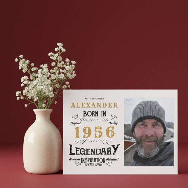 Invitación 70th Birthday 1956 Legend White & Gold Photo (Born 1956 birthday invitation.)