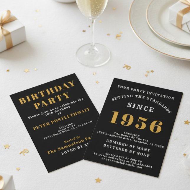 Invitación 70th Birthday Add Name Year Black Gold For Him (1956 invite. White background. )