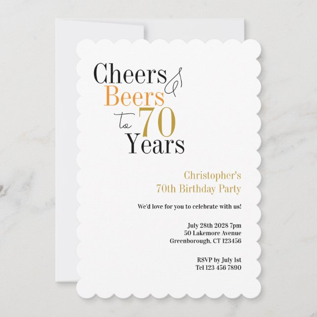 Invitación 70th Birthday Cheers and Beers Minimal Party (Anverso)