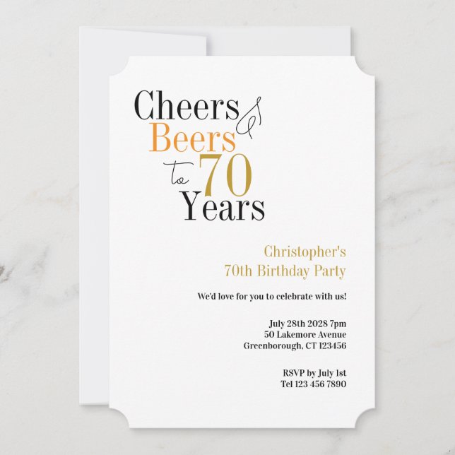Invitación 70th Birthday Cheers and Beers Minimal Party (Anverso)