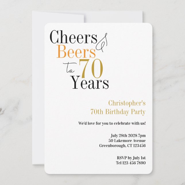 Invitación 70th Birthday Cheers and Beers Minimal Party (Anverso)