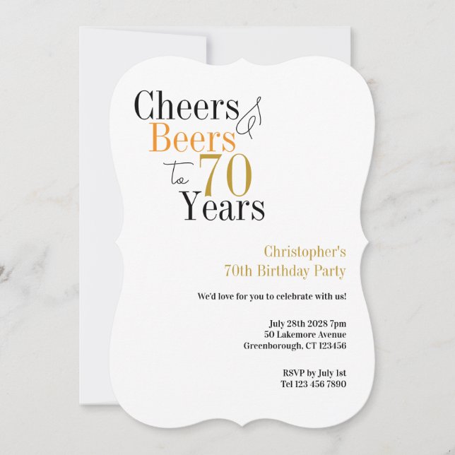 Invitación 70th Birthday Cheers and Beers Minimal Party (Anverso)