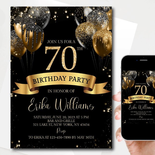 Invitación 70th Birthday Invitation Template: Black & Gold Ba (Subido por el creador)