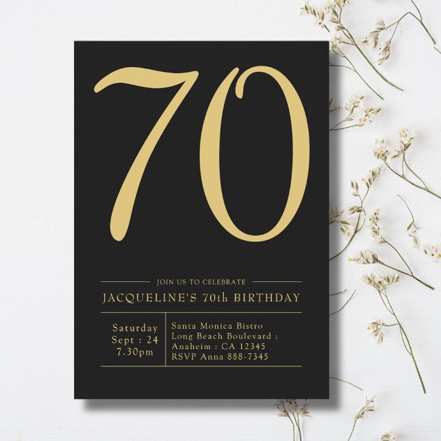 Invitación 70th Birthday Party Bold 70 Black Gold (70th birthday invitation. Bold black and gold party invites on a light background)