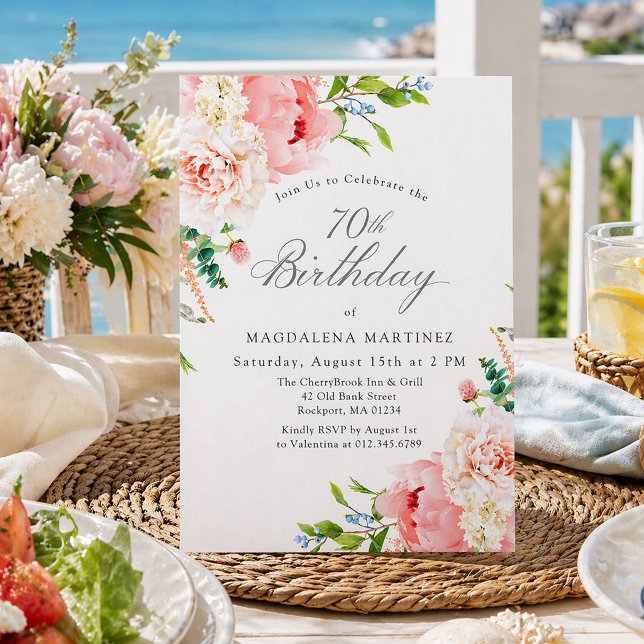 Invitación 70th Birthday Party Feminine Pink Roses Floral (Subido por el creador)