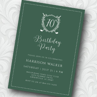 Invitación 70th Birthday Party Golf Crest Elegant Script Sage