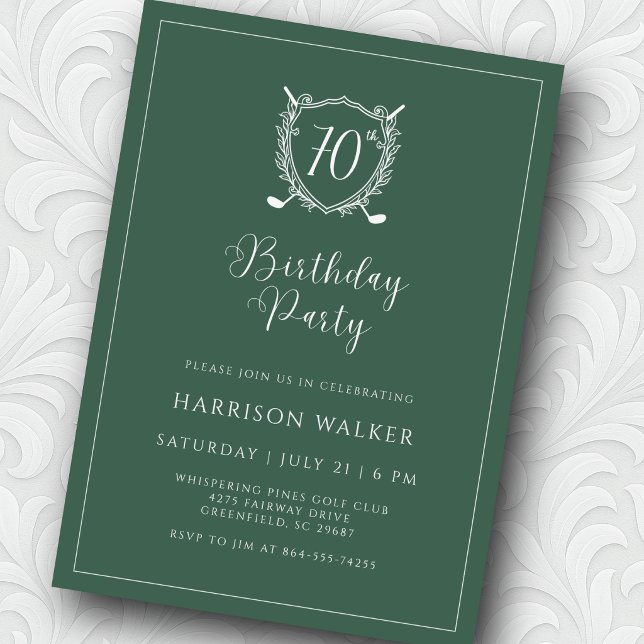 Invitación 70th Birthday Party Golf Crest Elegant Script Sage (Script font adds just the right touch of elegance. )