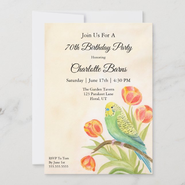 Invitación 70th Birthday Party Parakeet with Tulips  (Anverso)