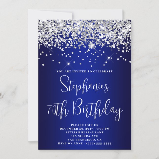 Invitación 70th Birthday Silver Glitter Royal Blue Navy Ombre (Anverso)