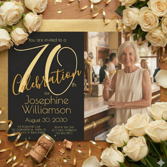 Invitación 70th Celebration Photo Black Gold 70th Birthday (Subido por el creador)