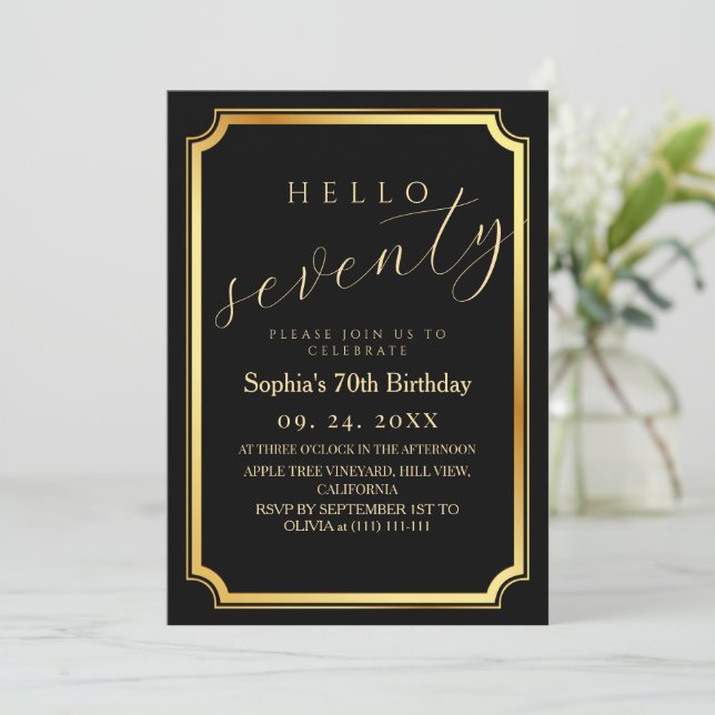 Invitación 70th Modern & Minimal Black Birthday Party (Anverso de pie)