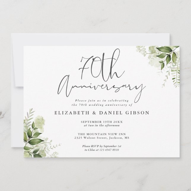 Invitación 70th Wedding Anniversary Greenery Floral (Anverso)