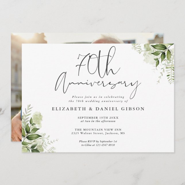 Invitación 70th Wedding Anniversary Greenery Floral Photo (Anverso / Reverso)