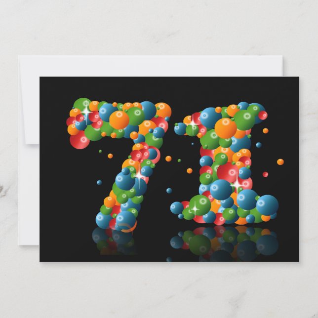 Invitación 71ª fiesta de cumpleaños, con burbujas y bolas (Anverso)