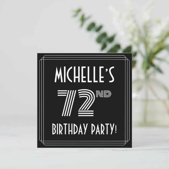 Invitación 72ª fiesta de cumpleaños: estilo Art Deco con nomb (Anverso de pie)