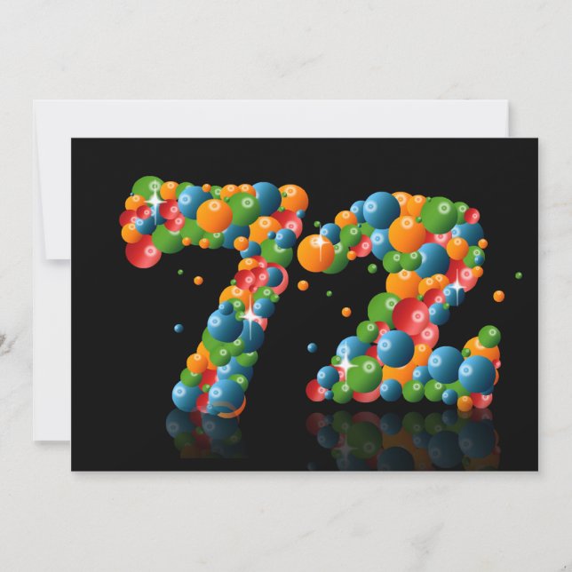 Invitación 72.ª fiesta de cumpleaños, con burbujas y bolas (Anverso)