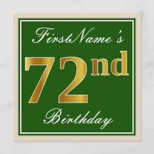 Invitación 72.o cumpleaños del oro elegante, verde, falso +