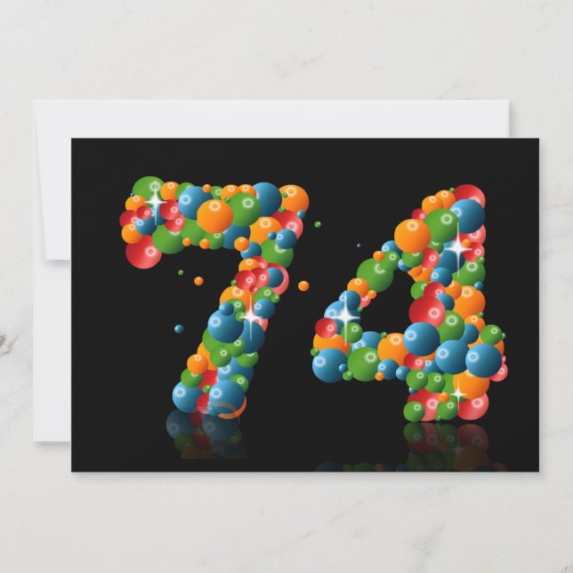 Invitación 74ª fiesta de cumpleaños, con burbujas y bolas (Anverso)