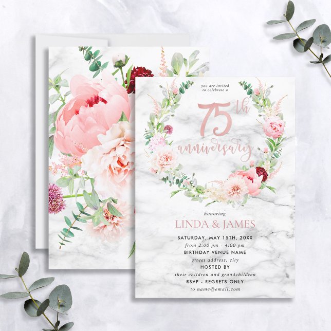 Invitación 75º Aniversario de Boda Elegante Floral en Oro Ros (Subido por el creador)