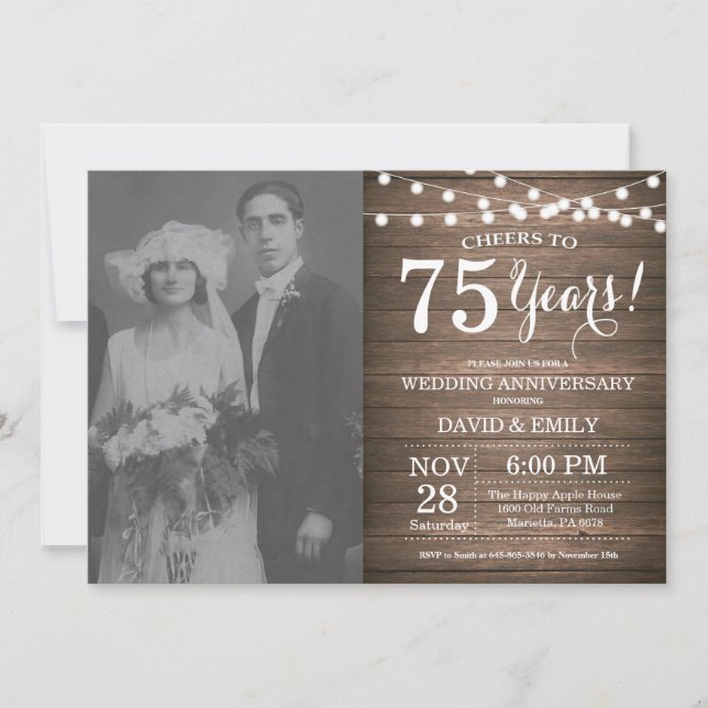 Invitación 75º Aniversario de Boda Madera Rústica (Anverso)