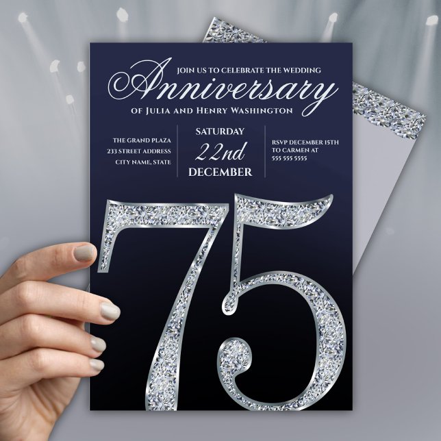 Invitación 75º Aniversario Diamante Plateado Azul Marino Mode (Subido por el creador)