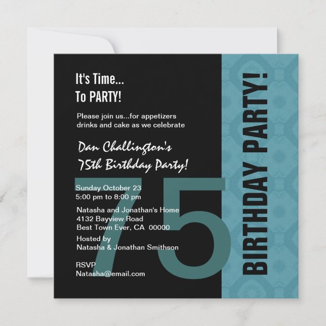 Invitación 75º cumpleaños Aqua Black C847 (Anverso)
