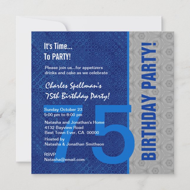 Invitación 75º cumpleaños Moderno azul y plata S305 (Anverso)