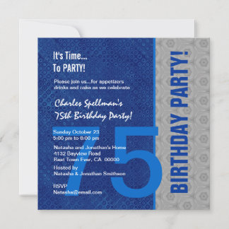 Invitación 75º cumpleaños Moderno azul y plata S305