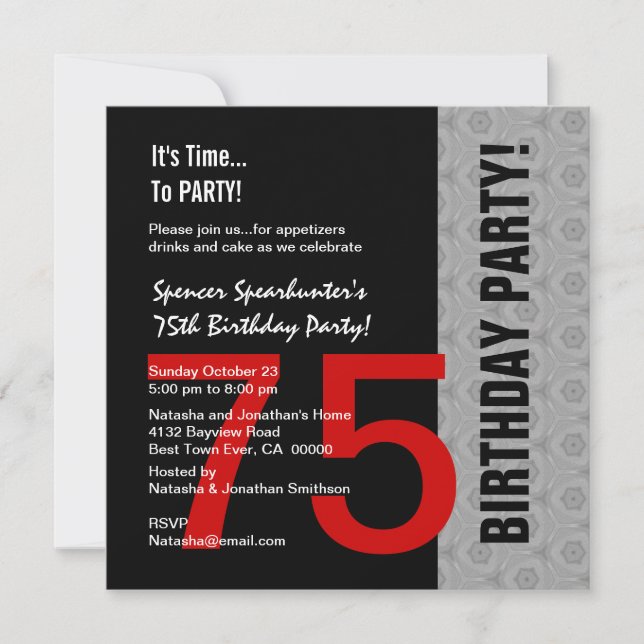 Invitación 75º cumpleaños moderno rojo plateado negro C846 (Anverso)