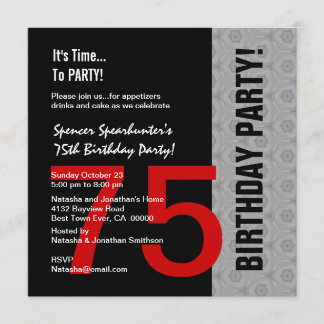 Invitación 75º cumpleaños moderno rojo plateado negro C846