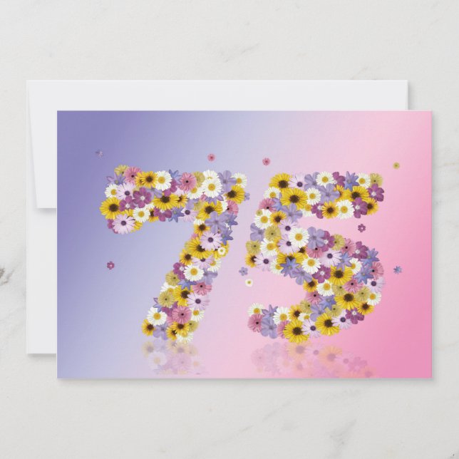 Invitación 75.ª fiesta de cumpleaños, con letras con flores (Anverso)