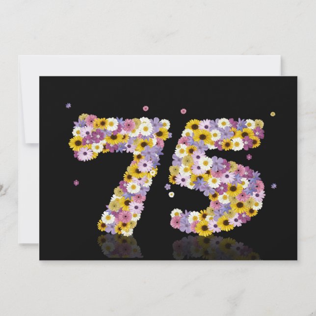 Invitación 75.ª fiesta de cumpleaños, con letras con flores (Anverso)