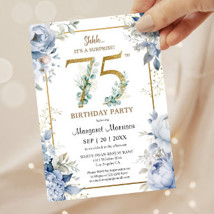 Invitación 75.ª Fiesta de Cumpleaños Elegante Floral Azul Dus