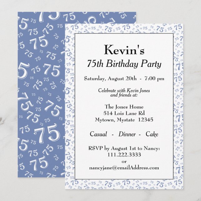 Invitación 75.ª fiesta de cumpleaños Patrón de números azul y (Anverso / Reverso)