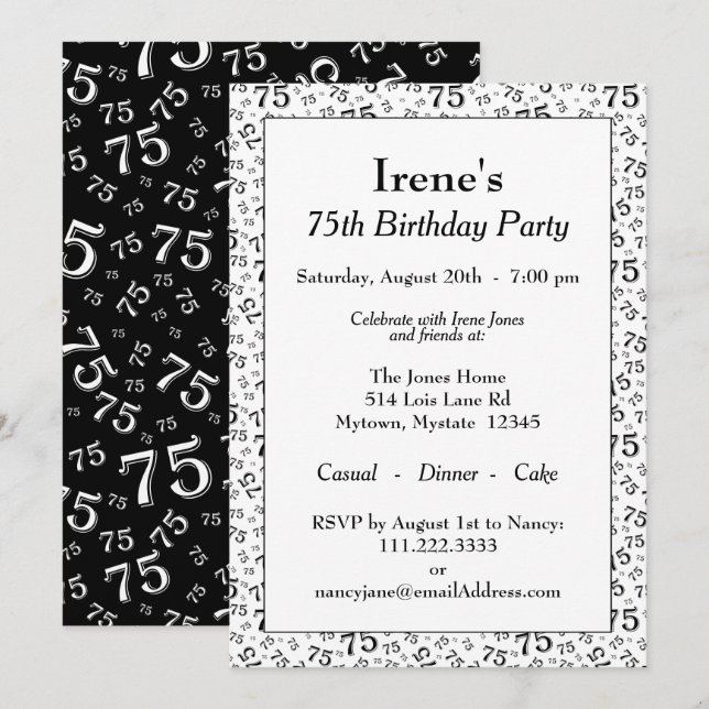 Invitación 75.ª fiesta de cumpleaños Patrón de números blanco (Anverso / Reverso)